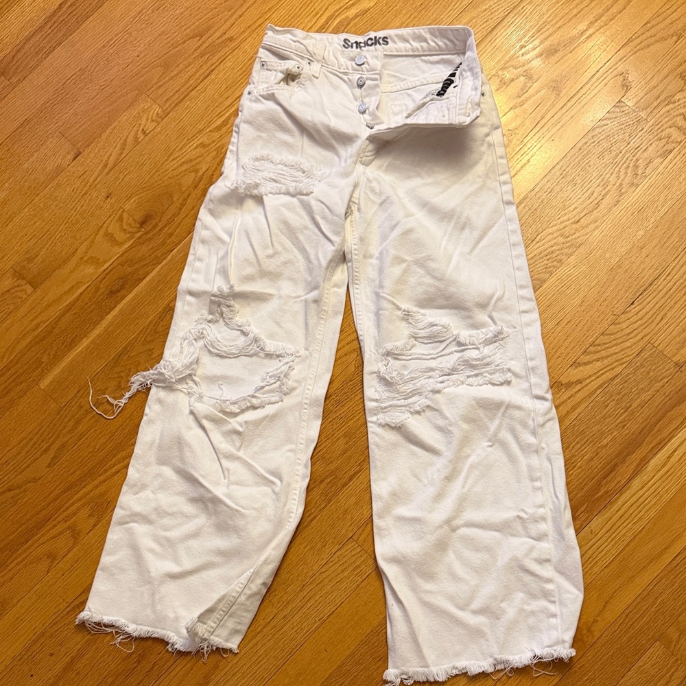 MOTHER White Distressed Wide-Leg Jeans